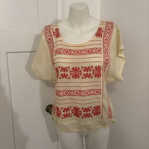 Patterson J. Kincaid size Small Boho Red and White Embroidered Boxy Blouse